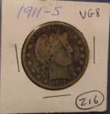 1911-S BARBER HALF DOLLAR VG-8