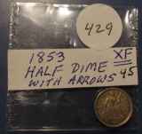 1853 ARROWS SEATED HALF DIME CHOICE XF-45