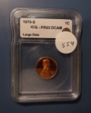 1970-S LARGE DATE LINCOLN CENT ICG PF-65 DEEP CAMEO