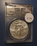 2013-S AMERICAN SILVER EAGLE ANACS MS-70