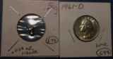 LOT OF 1961-D SILVER WASHINGTON QTR. BU & .54 GRAM SILVER INGOT (2 PIECES)
