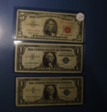 LOT OF 1963 $5.00 US NOTE VF & TWO 1957-D $1.00 SILVER CERTIFICATES VF/XF (