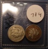 LOT OF 1865 & 1869 THREE CENT NICKELS  (2 COINS)