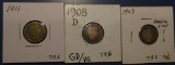 LOT OF 1903, 1908-D & 1911 G/VG BARBER DIMES (3 COINS)