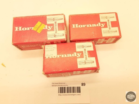 Three partial boxes of 25 caliber bullets Hornady