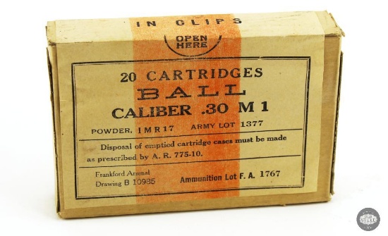 Unopened Box 30-06 - 30 Caliber M1 Ball Ammunition in Clips - 20 Rounds