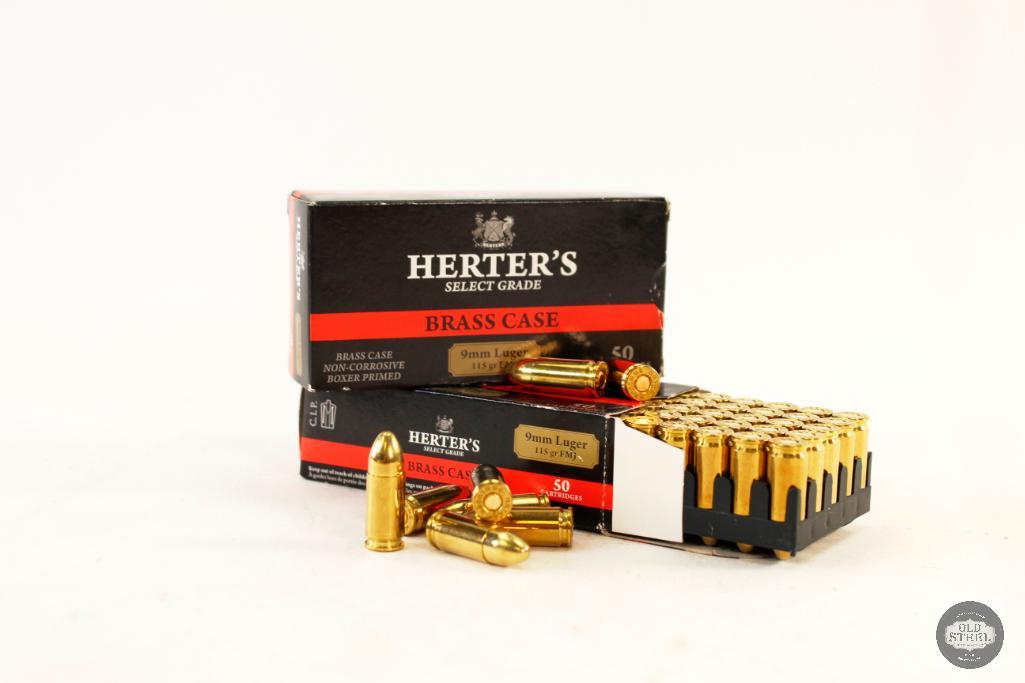 Two Boxes Herter's 9mm Luger 115gr FMJ Ammunition