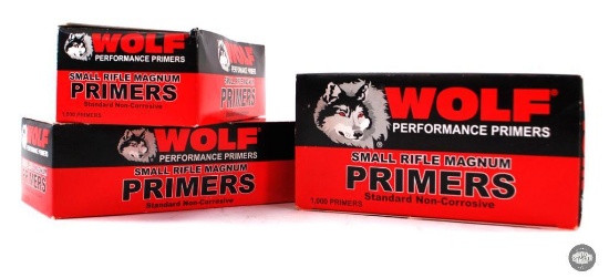 Three Boxes of Wolf Performance Small Rifle Magnum Primers - One Partial & Two Full - 2500ct Total