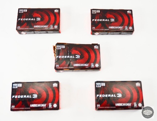 5 Boxes Federal American Eagle .223 Remington 55gr FMJ BT Ammunition - 100 Total Cartridges