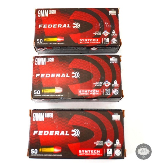 3 Boxes Federal Syntech Action Pistol 9mm Luger - 150gr Total Synthetic Jacket - 150 Total Rounds
