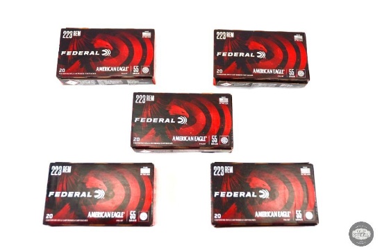 5 Boxes Federal American Eagle .223 Remington 55gr FMJ BT Ammunition - 100 Total Cartridges