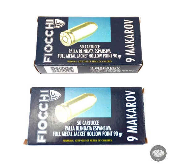 2 Boxes Fiocchi 9mm Makarov 90gr FMJHP Ammunition - 100 Total Cartridges