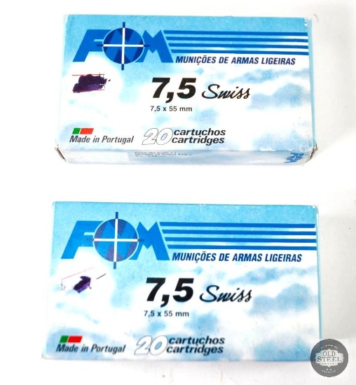 2 Boxes Portuguese 7.5x55mm Swiss Ammunition - 40 Total Cartridges