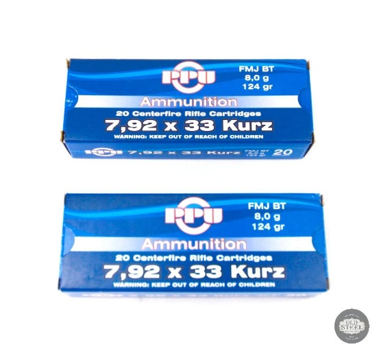 2 Boxes PPU 7.92x33 Kurz 124gr FMJBT Ammunition - 40 Total Cartridges