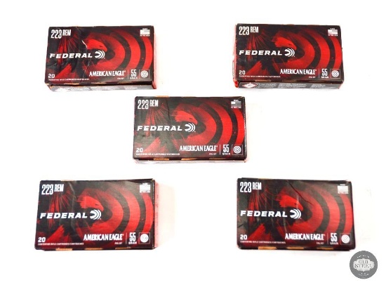 5 Boxes Federal American Eagle .223 Remington 55gr FMJ BT Ammunition - 100 Total Cartridges