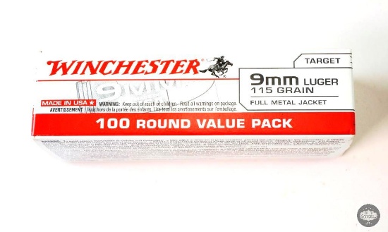Box of Winchester 9mm Luger 115gr FMJ - 100 Rounds