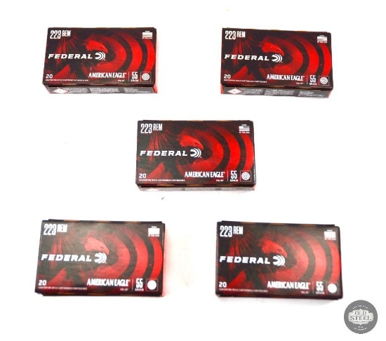 5 Boxes Federal American Eagle .223 Remington 55gr FMJ BT Ammunition - 100 Total Cartridges