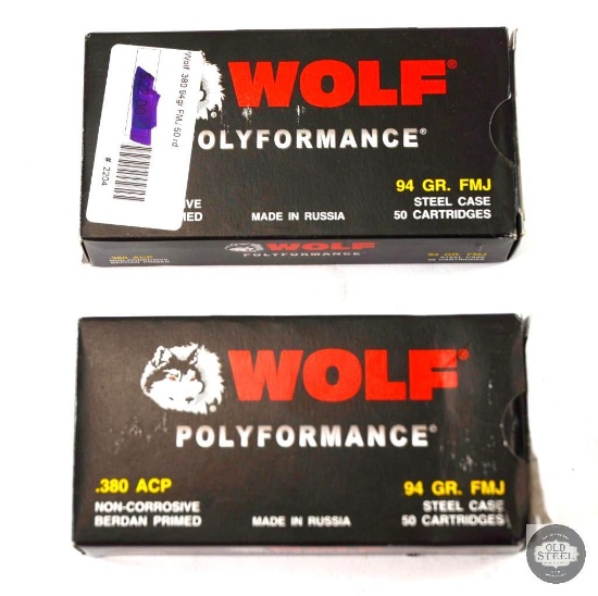 2 Boxes Wolf Polyformance .380 ACP 94gr FMJ Steel Cased Ammunition - 100 Cartridges