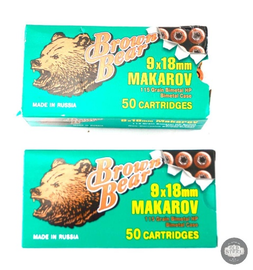 2 Boxes Russian Brown Bear 9x18mm Makarov Ammunition - 100 Rounds