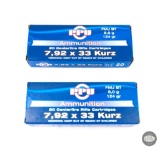 2 Boxes PPU 7.92x33 Kurz 124gr FMJBT Ammunition - 40 Total Cartridges