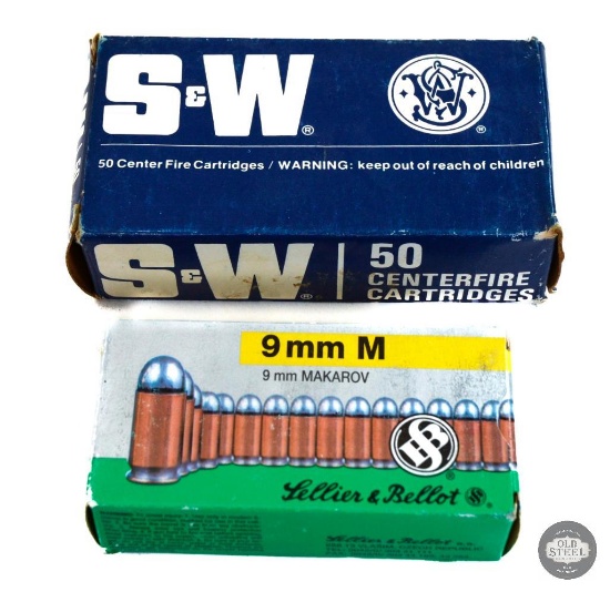 Two Boxes (50 RNDS ea.) - S&W 9x19mm 115gr JHP - Sellier & Bellot 9x18mm Makarov - 100 RNDS Total