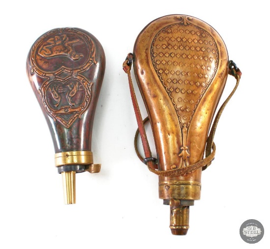 Antique Pair of Bronze Powder Flasks with Spring Gate Spouts