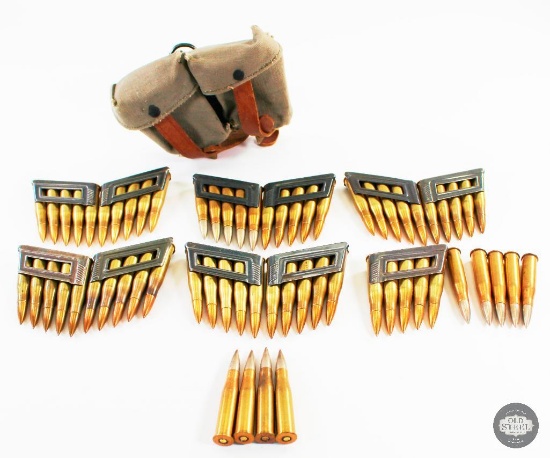 8x56R Ammunition, Mannlicher M95 En-Bloc Clips, and Ammo Pouch - 64 Rounds Total