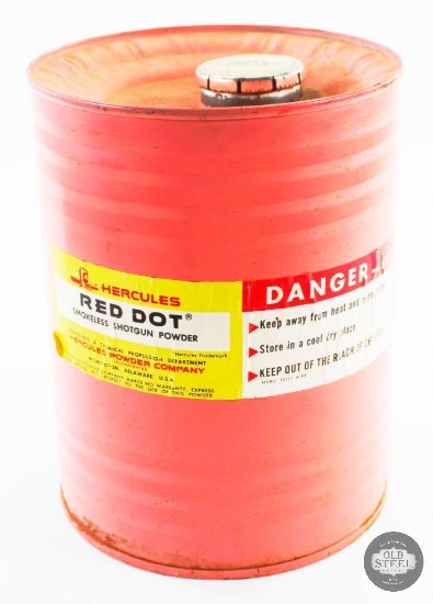 Vintage 8lb. Red Dot Shotgun Powder Can from Hercules Powder Company - Pink - Empty