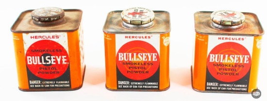 3x Vintage Hercules Powder Company 11oz Bullseye Smokeless Pistol Powder Cans - Empty