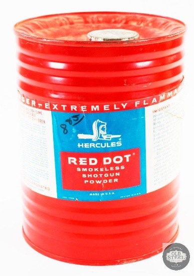 Vintage 8lb. Red Dot Powder Can from Hercules Powder Company - Red - Empty