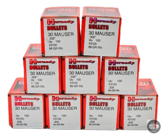 9 Boxes Hornady 30 Mauser 86 Grain Round Nose Bullets 900ct
