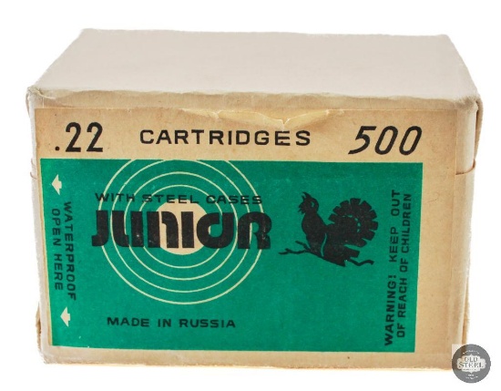 1 Box Unopened Russian Junior .22 Long Rifle Steel Case Ammunition 500 Rounds