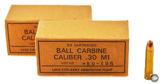 2 Boxes Lake City .30 Carbine FMJ Ammunition 100 Rounds