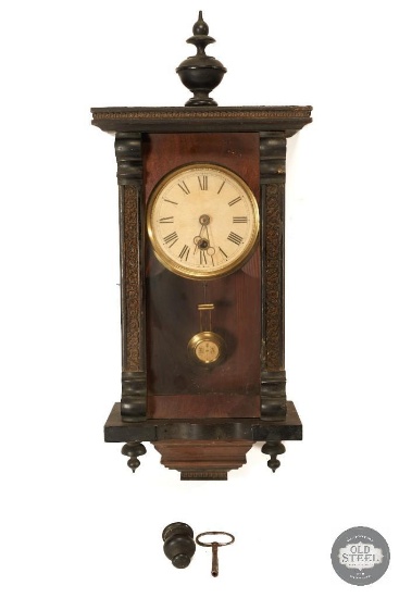 Dark Wood Cabinet Clock with Scrollwork Carvings