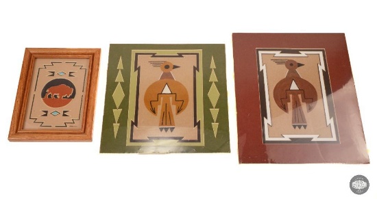 Authentic Navajo Humming Bird Sand Paintings and Buffalo Cutout