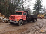 1994 International 4700 4X2 rack truck dump, 18 foot long flatbed dump, single axle dual rears,