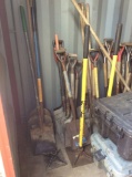 Lot of asst maintenance equipment including shovels, brooms, sledge hammers, pinch bars, hoses, pick