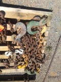 Skid Lot of Various Sized and Length Chains With Various lifting and Slotted Hooks