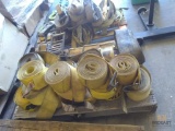 Skid Lot of Various Sized Nylon Lashing/Tie Down Straps and Ratchet Straps with Ratchets
