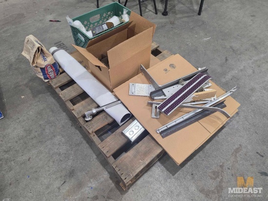 Pallet of Miscellaneous Metal Pieces, Angle Iron, Cups, and Signage