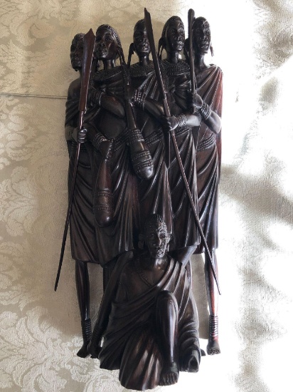 6 person wooden carving decorative piece, Masai African ebony