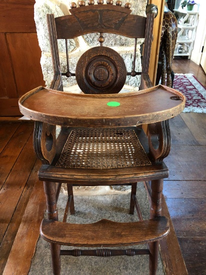 Vintage wooden high chair, adjustable food plate, 38" overall height