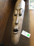 Wooden war mask 39â€ tall