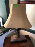 Antler decorative lamp, wood base, 32â€ tall