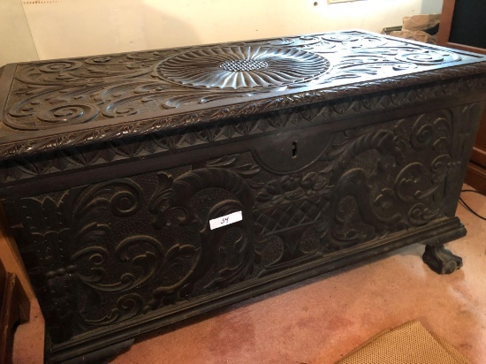 Vintage ornate British blanket chest, early 1800s era, claw foot design, excellent condition, 45 in.