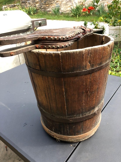 Bellows, vintage wood bucket