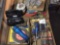 Quarter inch drive socket set, screwdrivers, wood bits, saw blades, battery and miscellaneous