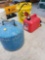 2- Gas cans, 2 grease guns, tool box w/ msc. tools