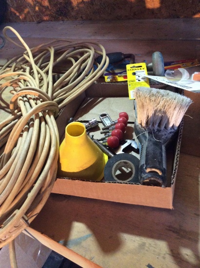 Tool lot, extension cord,  brushes, drills, blades, funnel and wrench