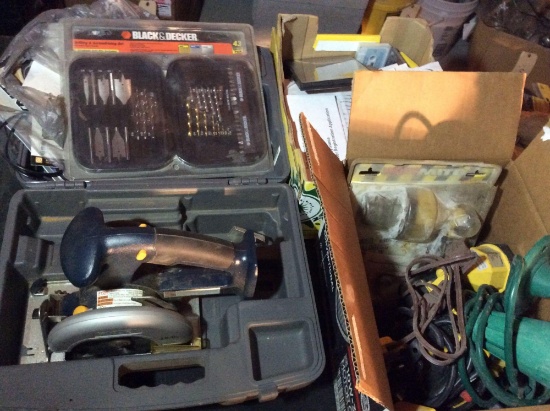 Ryobi circular saw, drill bits, lights and chords